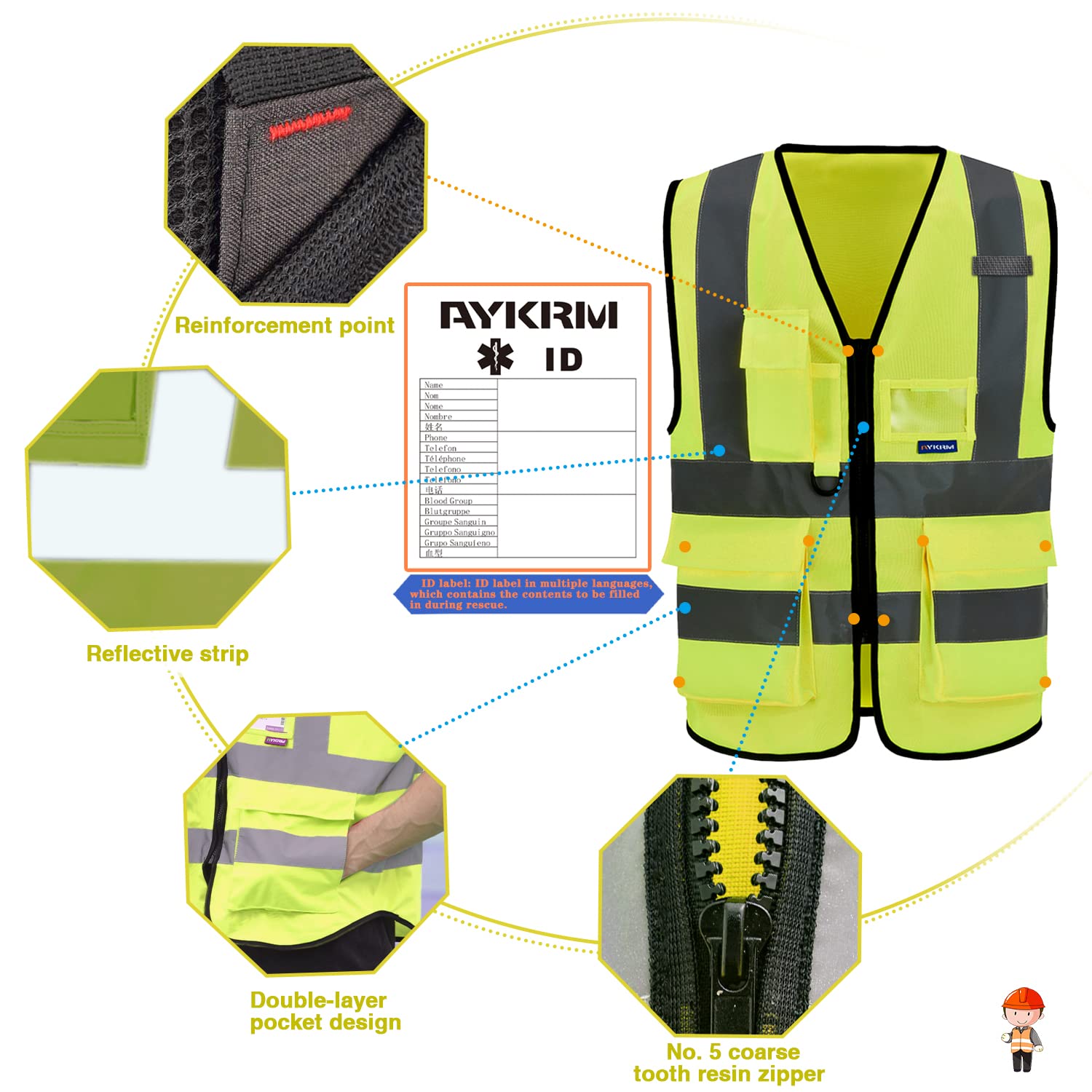 AYKRM Hi viz vests yellow high viz Class 2 hi vis Zipper Front High Visibility vest Hi Vis Executive Vest Waistcoat with Phone & ID Pockets